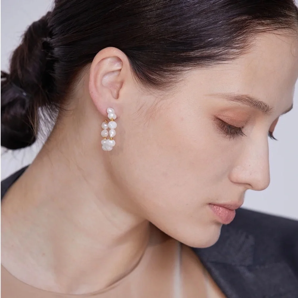 ◾️18k Gold Plated Natural Pearls Beads Hoop Earrings - Picture 9 of 12